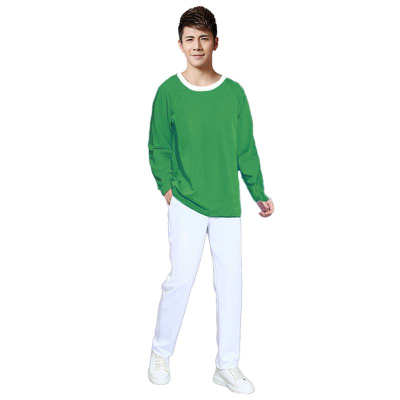 Long sleeve green blue shirt + white long pants